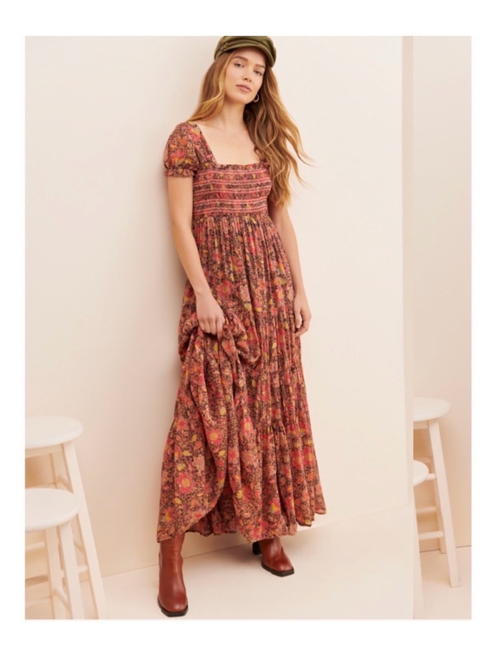 Free People Rust Floral Smocked Maxi Dress